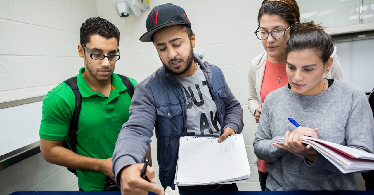 A group of students looking at a model spine