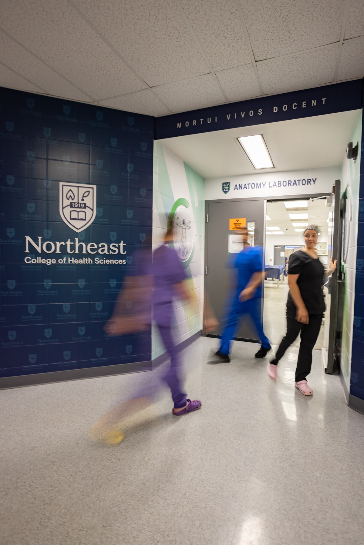 Timelapse of people entering anatomy lab